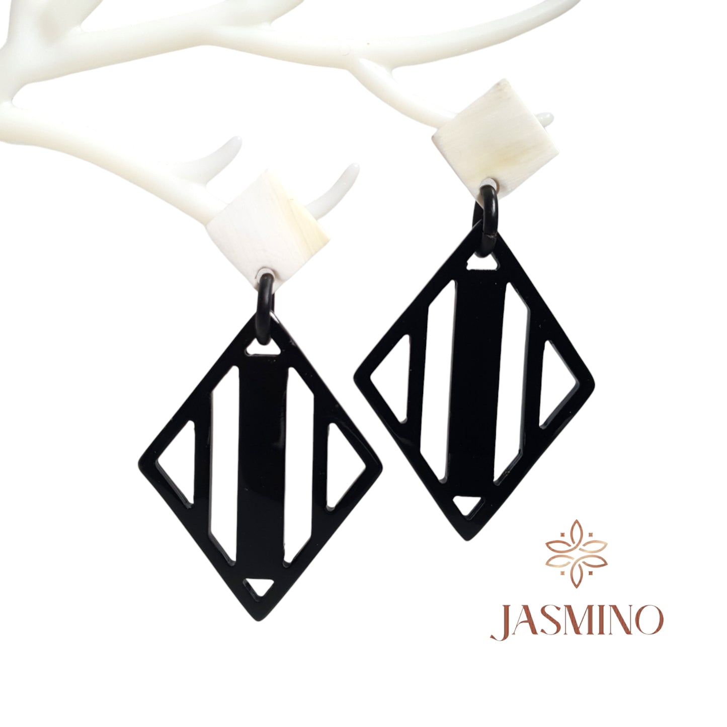 Black Drop White Stud Earrings. Buffalo Horn Earring. Jasmino Jewelry, Unique Gift.