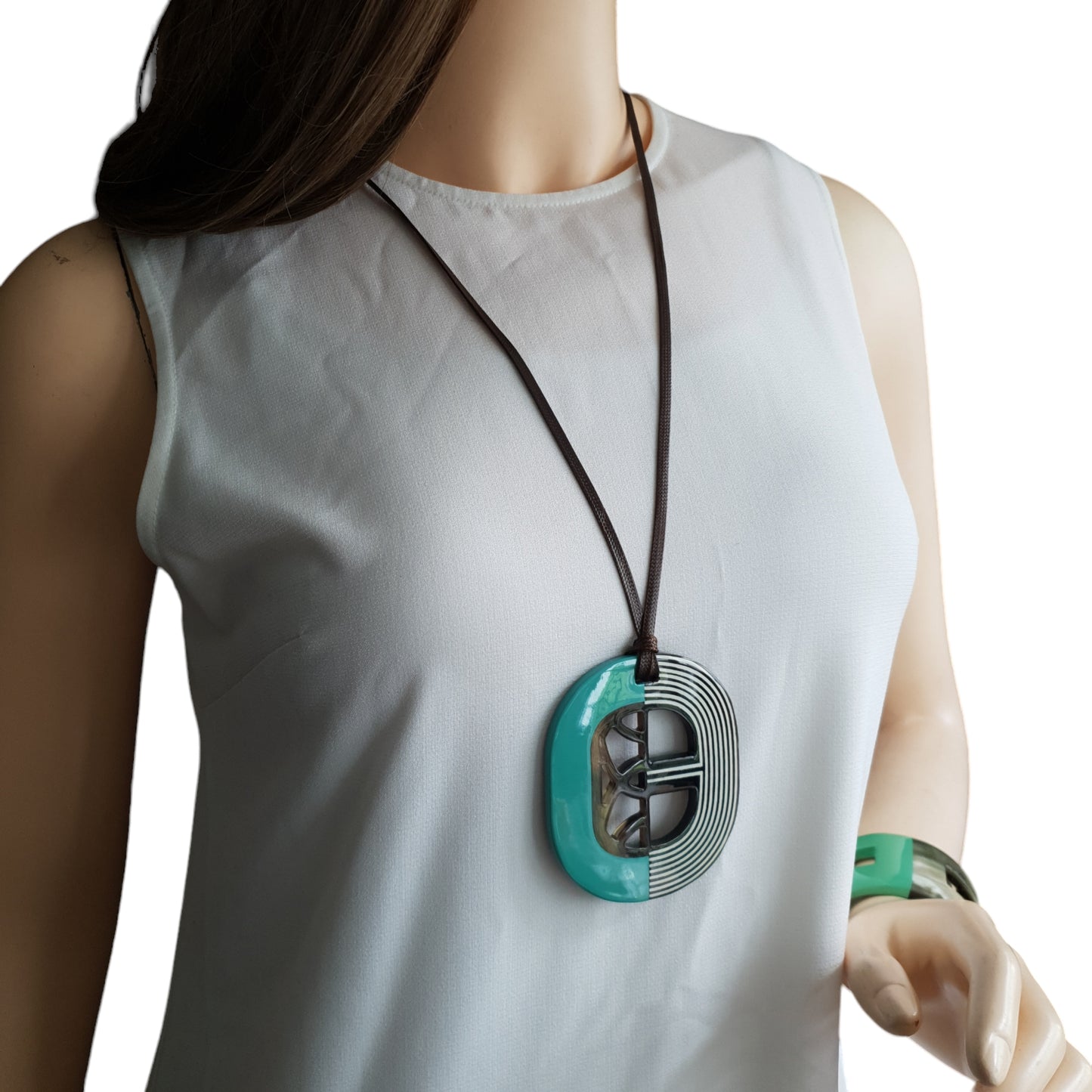 turquoise lacquer horn pendant on a model, impressive gift for her