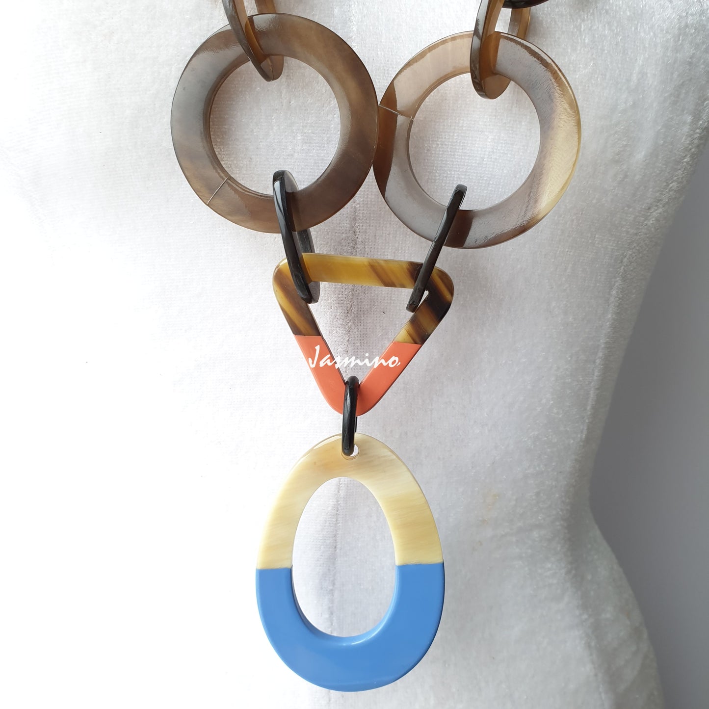 unique handmade Bohemian chain link necklace accessory features blue, brown, and red in natural buffalo horn on Christmas