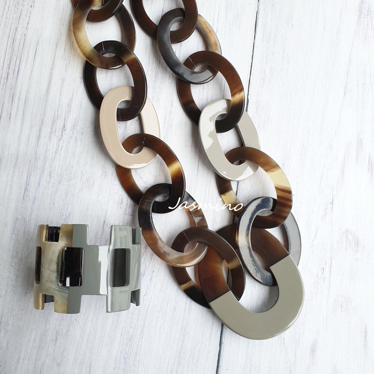 unique handmade Bohemian Vintage large chain link necklace and cuff bracelet accessory feature brown and grey in natural buffalo horn for women's gifts