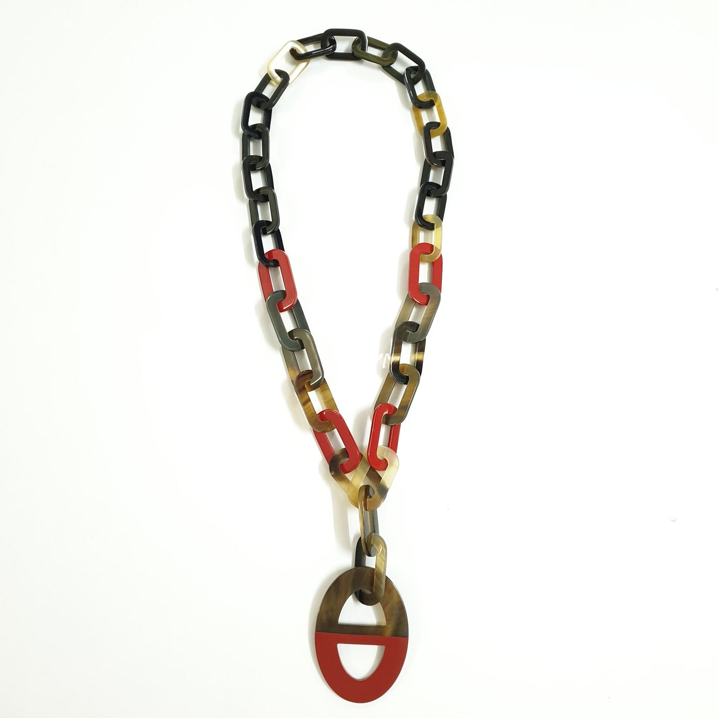 unique handmade Bohemian rectangle chain link necklace accessory has a D-shaped red pendant in natural buffalo horn on Christmas