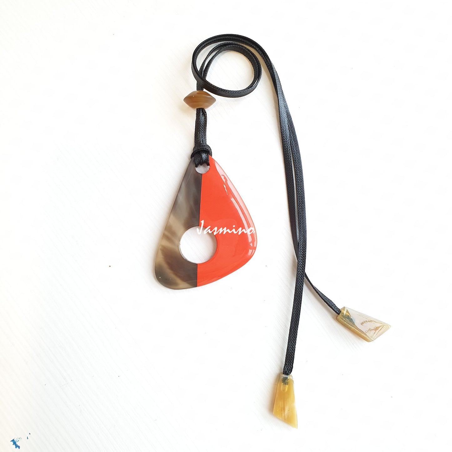 pendant is designed with half natural horn and half orange lacquer, unique gift for her