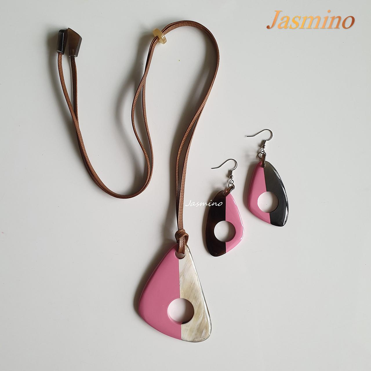 unique handmade Vintage dangle earrings and pendant feature a pink half and brown half in natural buffalo horn for women