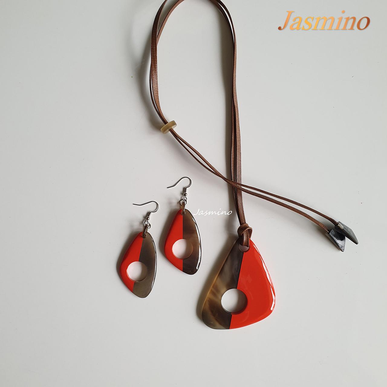 unique handmade Vintage dangle earrings and pendant feature an orange half and a brown half in natural buffalo horn for women