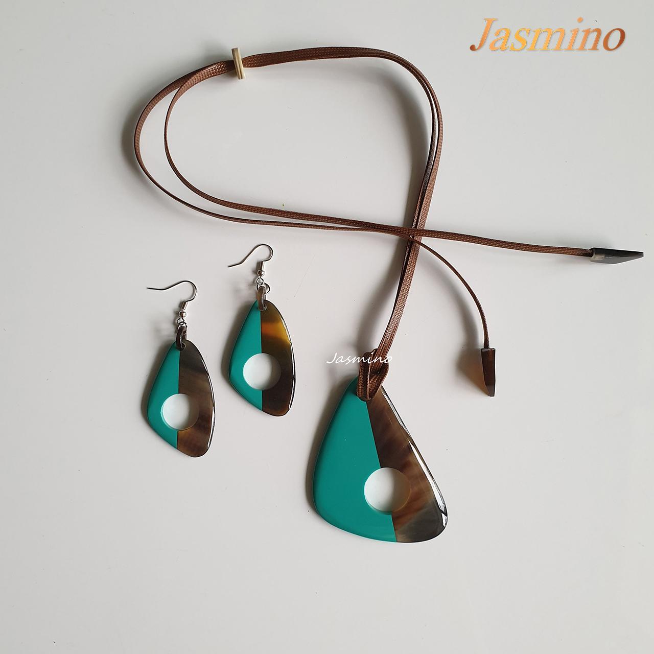 unique handmade Vintage dangle earrings and pendant feature a turquoise half and brown half in natural buffalo horn for women