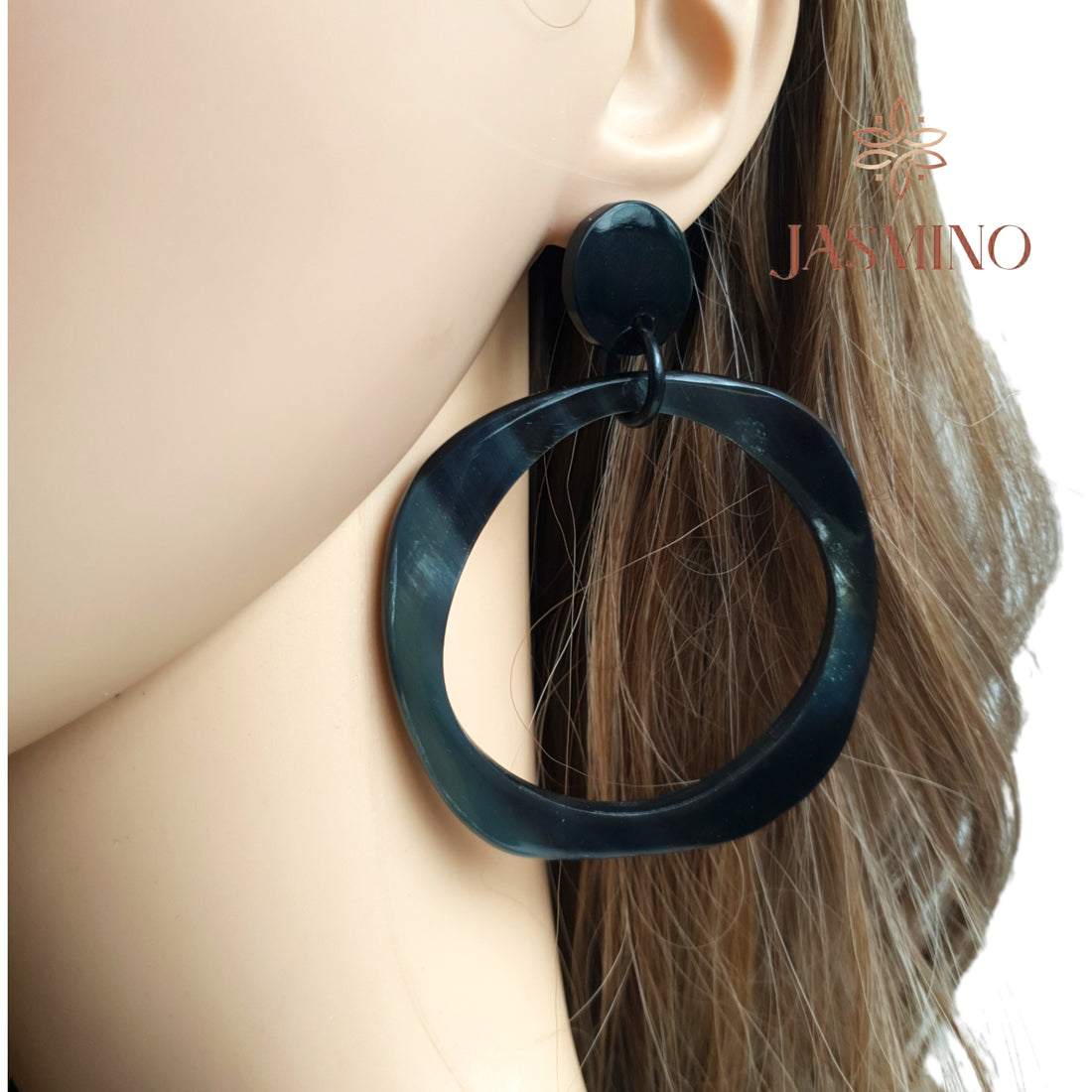 Black Organic Horn Earrings, Crooked Circle Stud Earrings. Jasmino Jewelry, Unique Gift.