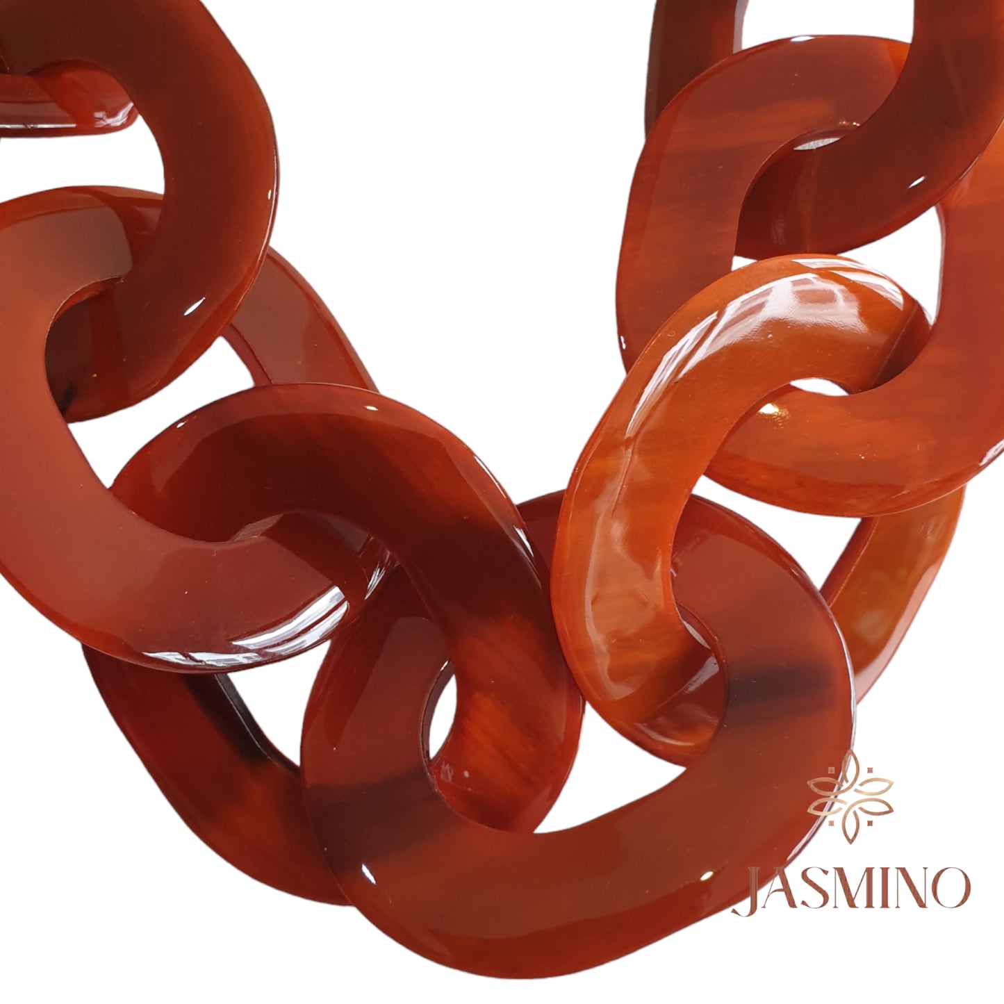 large chain link necklace features orange in natural buffalo horn for Spring 