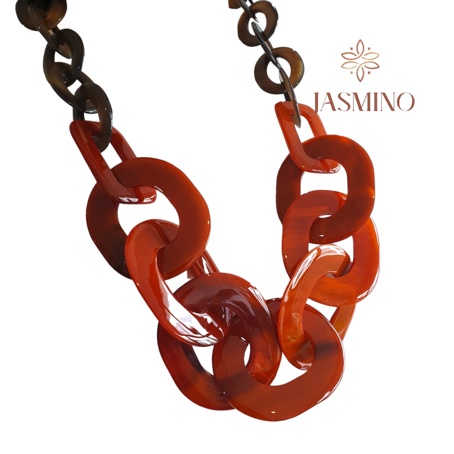 large chain link necklace features orange in natural buffalo horn for Spring 