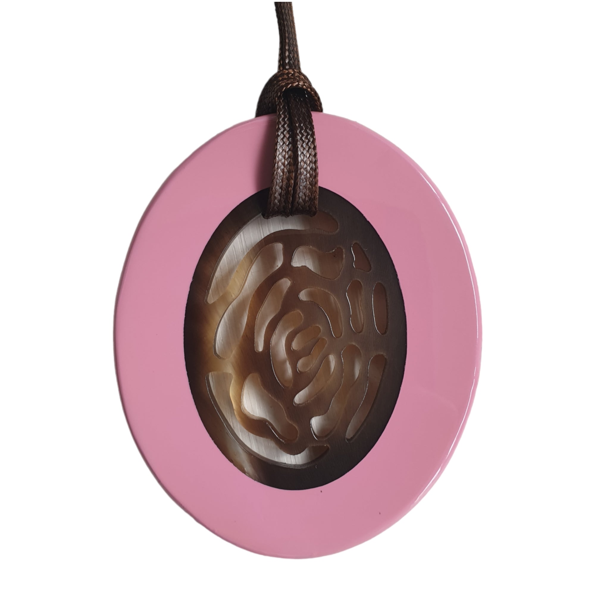 elliptical pendant is designed with brilliant white outline, inside with rose pattern made from unique natural buffalo horn on a light background, impressive gift for her