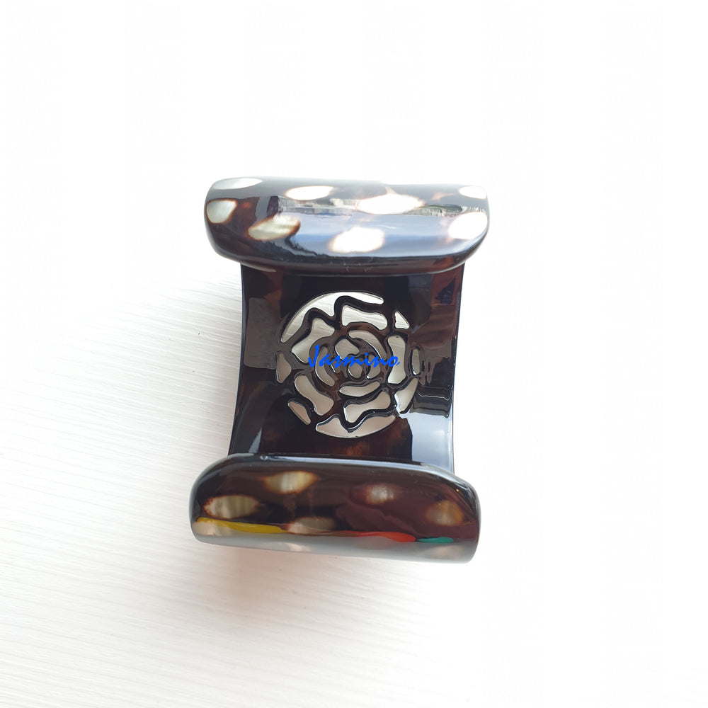 
                  
                    unique dark buffalo horn bracelet with a unique princess blue flower pattern on a light background, an impressive gift for her
                  
                