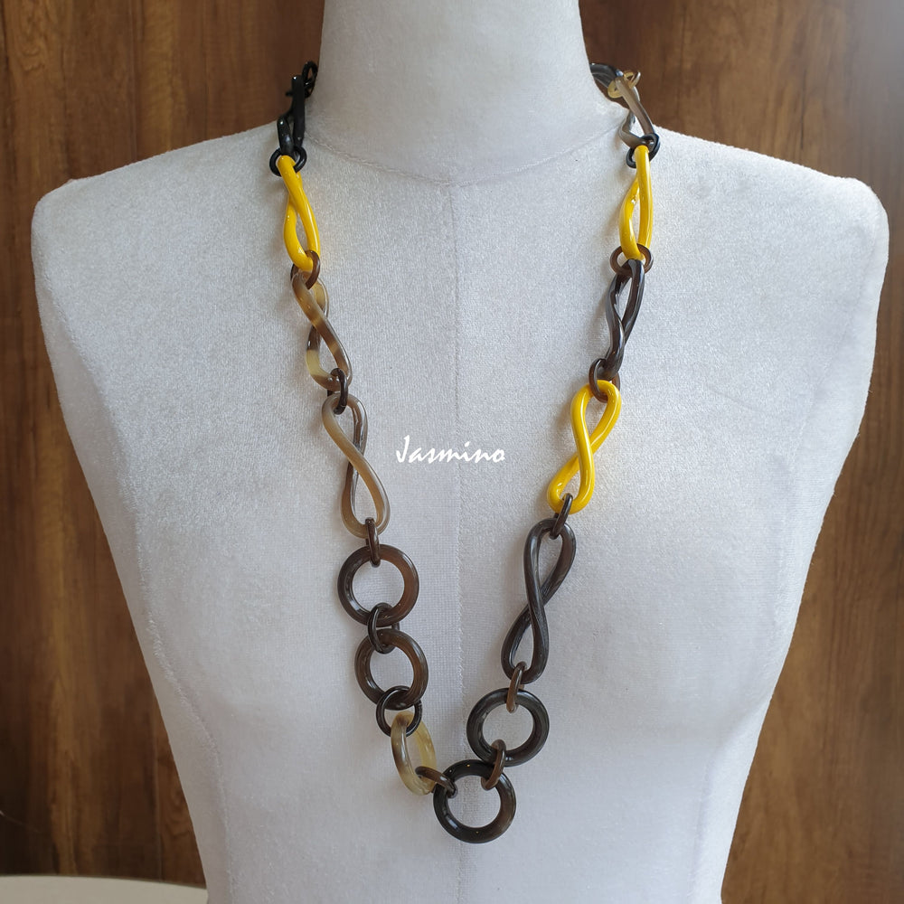 
                  
                    The necklace has links with half natural horn and half cadet blue lacquer, unique gift for her
                  
                