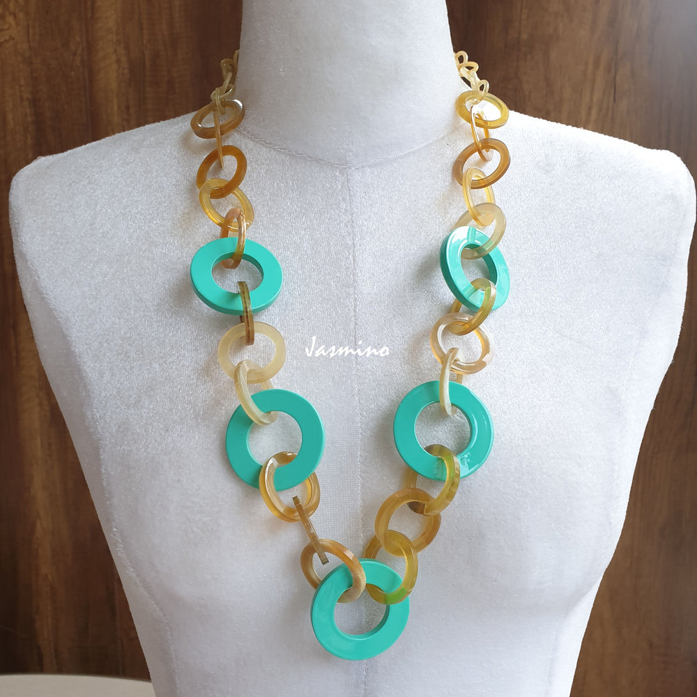 
                  
                    Jasmino unique handmade Vintage circle chain link necklace features turquoise and yellow in natural buffalo horn for summer beaches 
                  
                