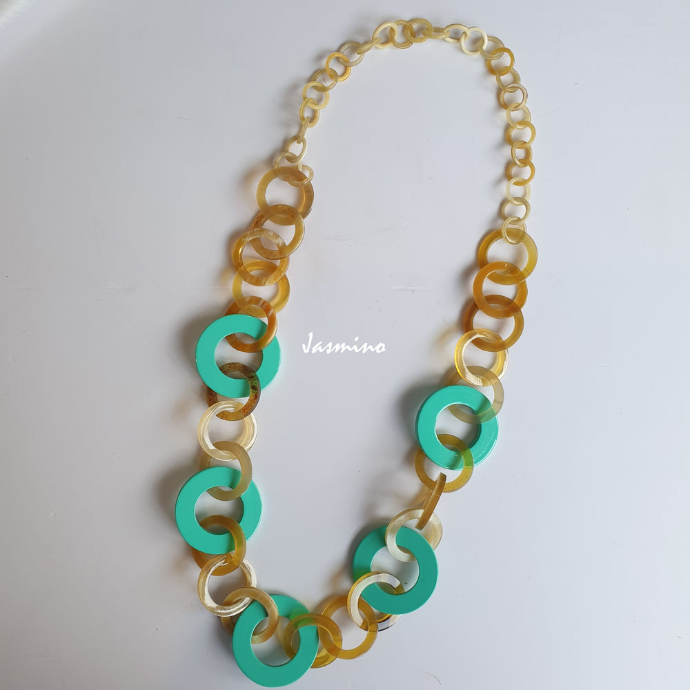 
                  
                    Jasmino unique handmade Vintage circle chain link necklace features turquoise and yellow in natural buffalo horn for summer beaches
                  
                