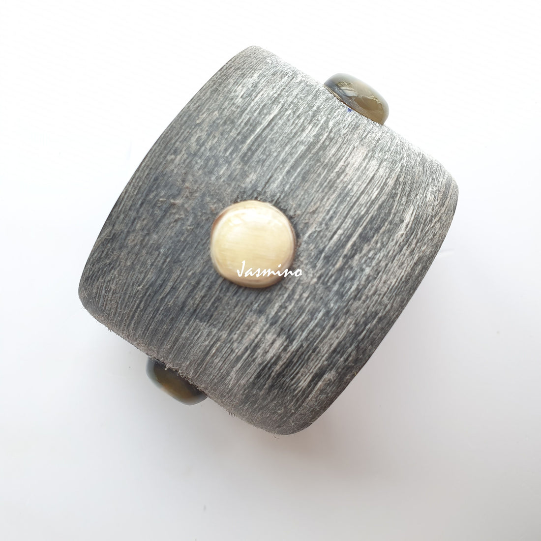 unique handmade Vintage grey cuff bracelet features three small white round in a center, made of natural buffalo horn