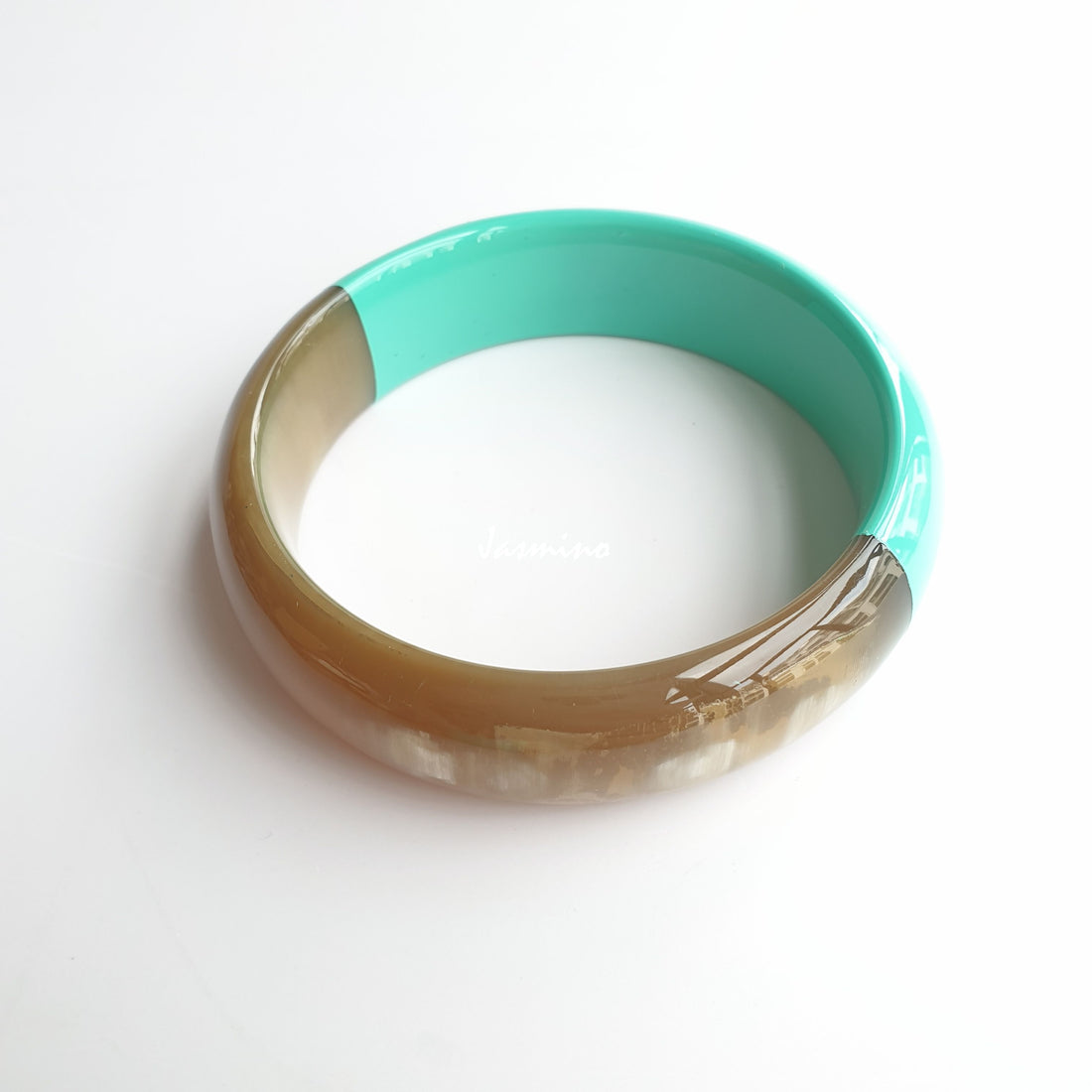 unique handmade Vintage thin bangle bracelet features a brown half and a turquoise half made of natural buffalo horn for women on Thanksgiving