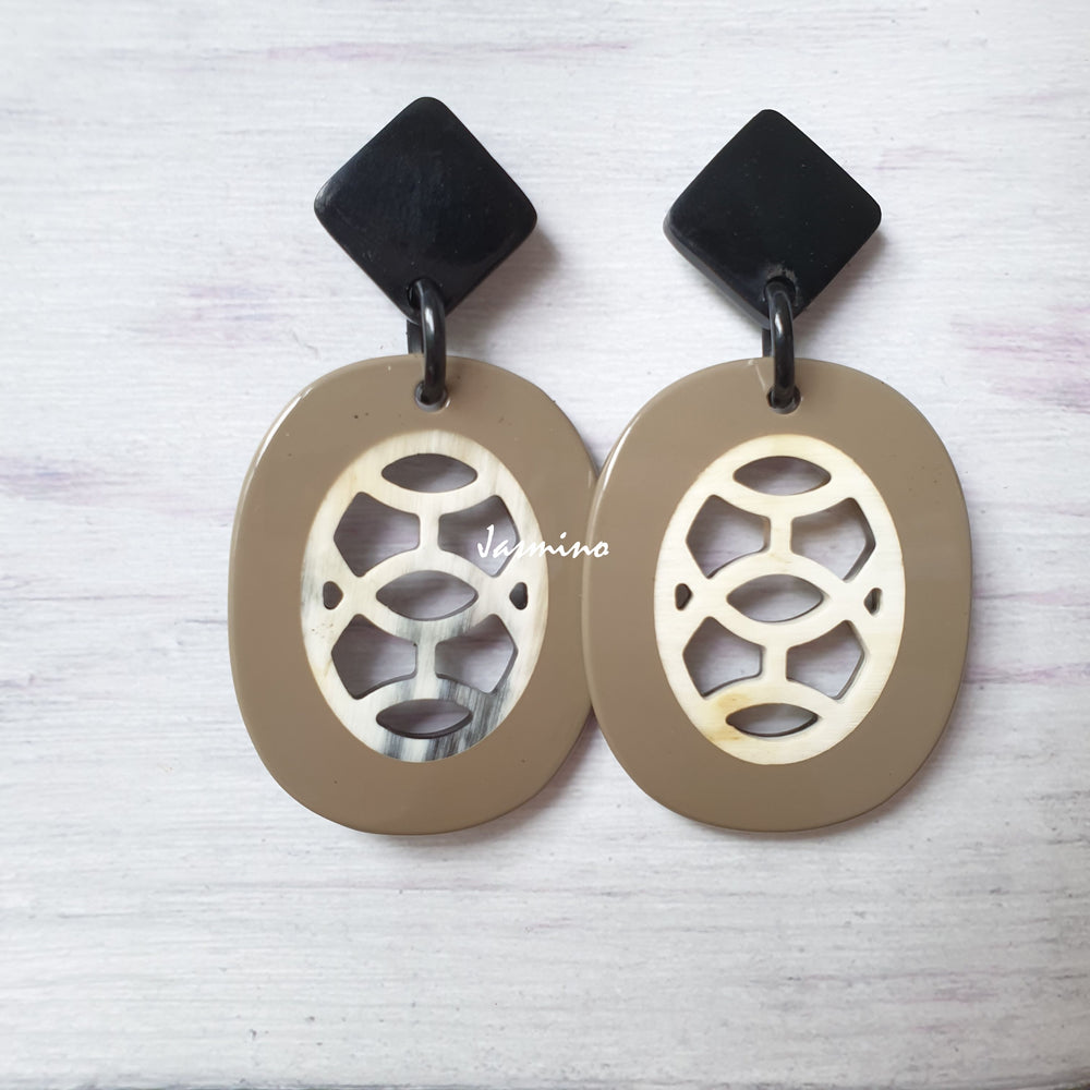 
                  
                    Jasmino Unique Aesthetic Oval Stained Glass Window Drop Earrings Made By Natural Buffalo Horn Featured Brown Women Gift
                  
                