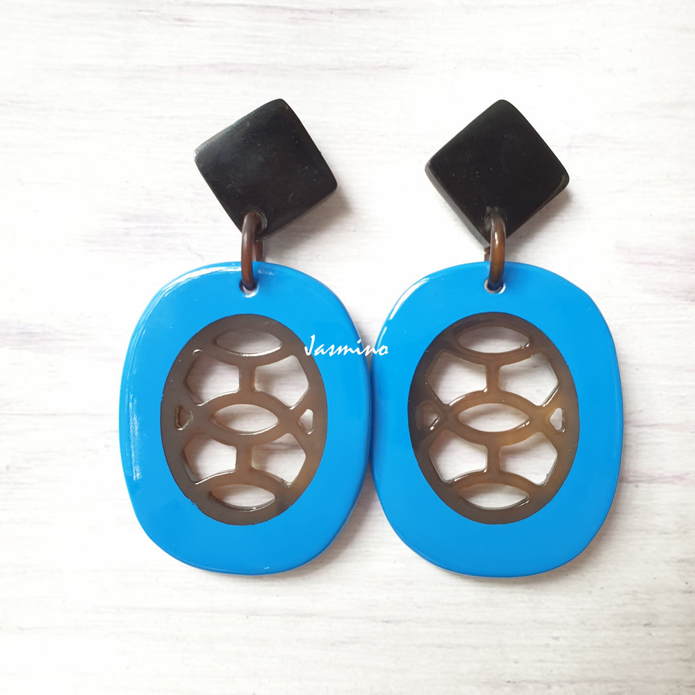 
                  
                    Jasmino Unique Aesthetic Oval Stained Glass Window Drop Earrings Made By Natural Buffalo Horn Featured Turquoise Women Gift
                  
                