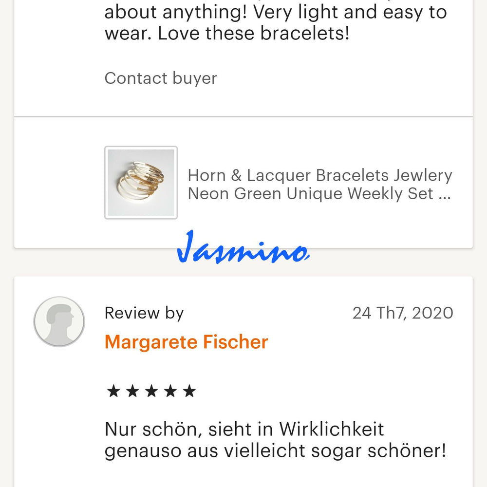 
                  
                    Good reviews from loyalty customers to a bangle and necklace collection in a handmade shop
                  
                