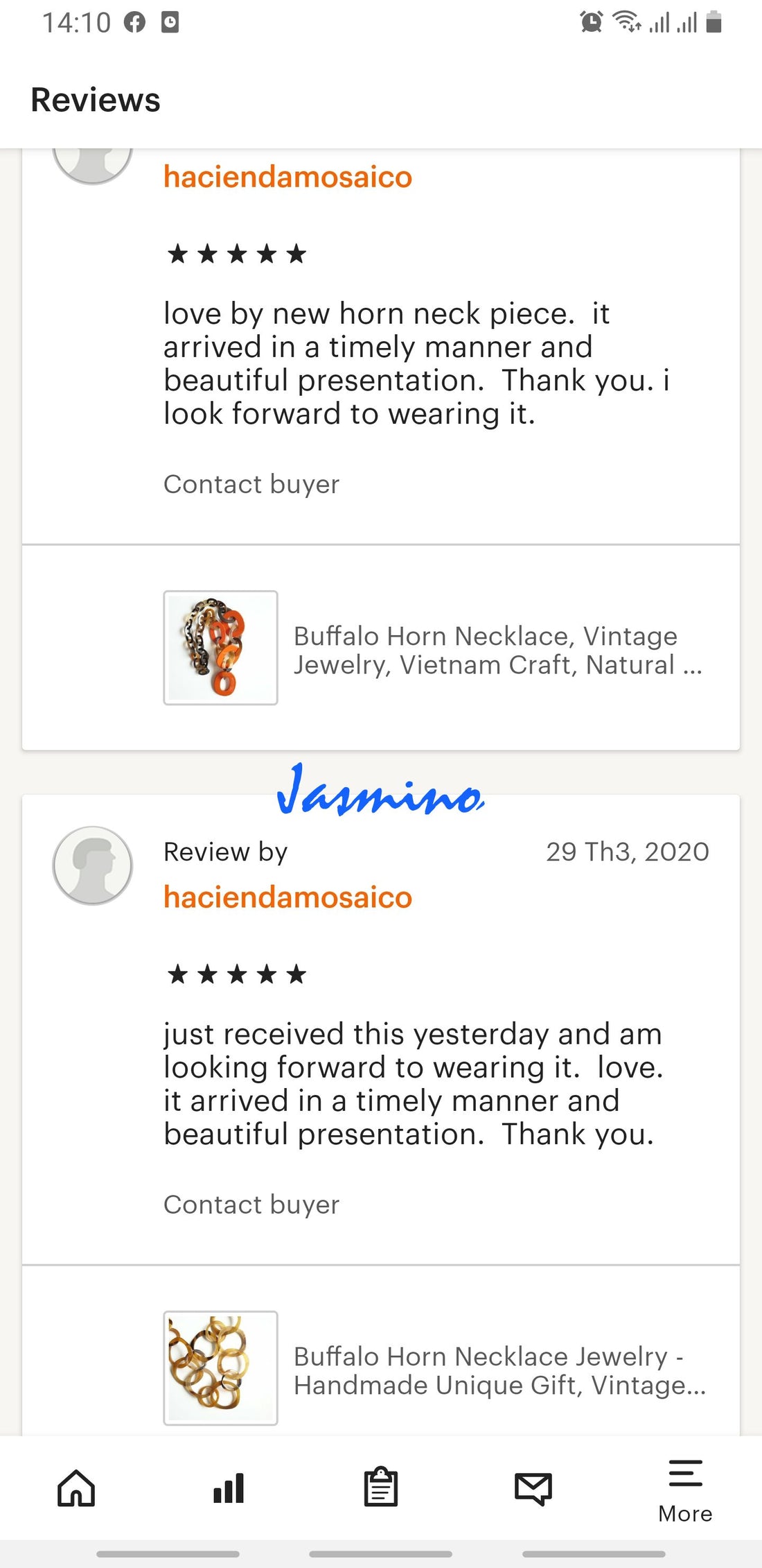 It shows good reviews from two customers to a necklace collection in a handmade accessory shop