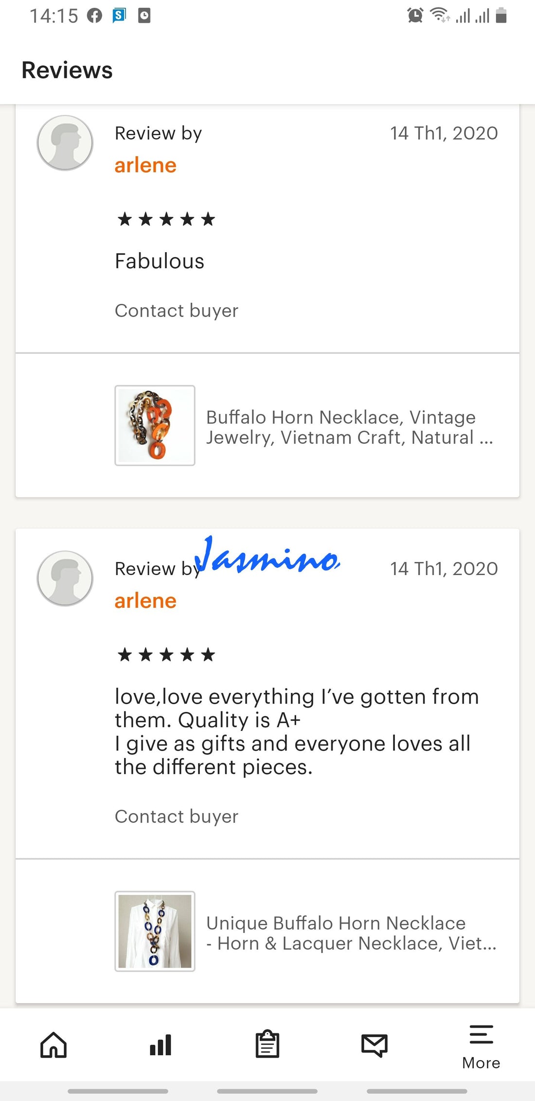 It shows positive feedback from two customers for a jewelry collection in a handmade accessory shop