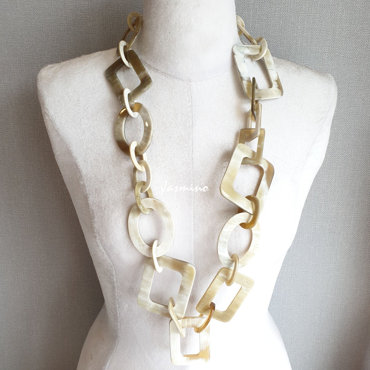 unique handmade Elegant Minimalist large chain link necklace accessory features white in natural buffalo horn