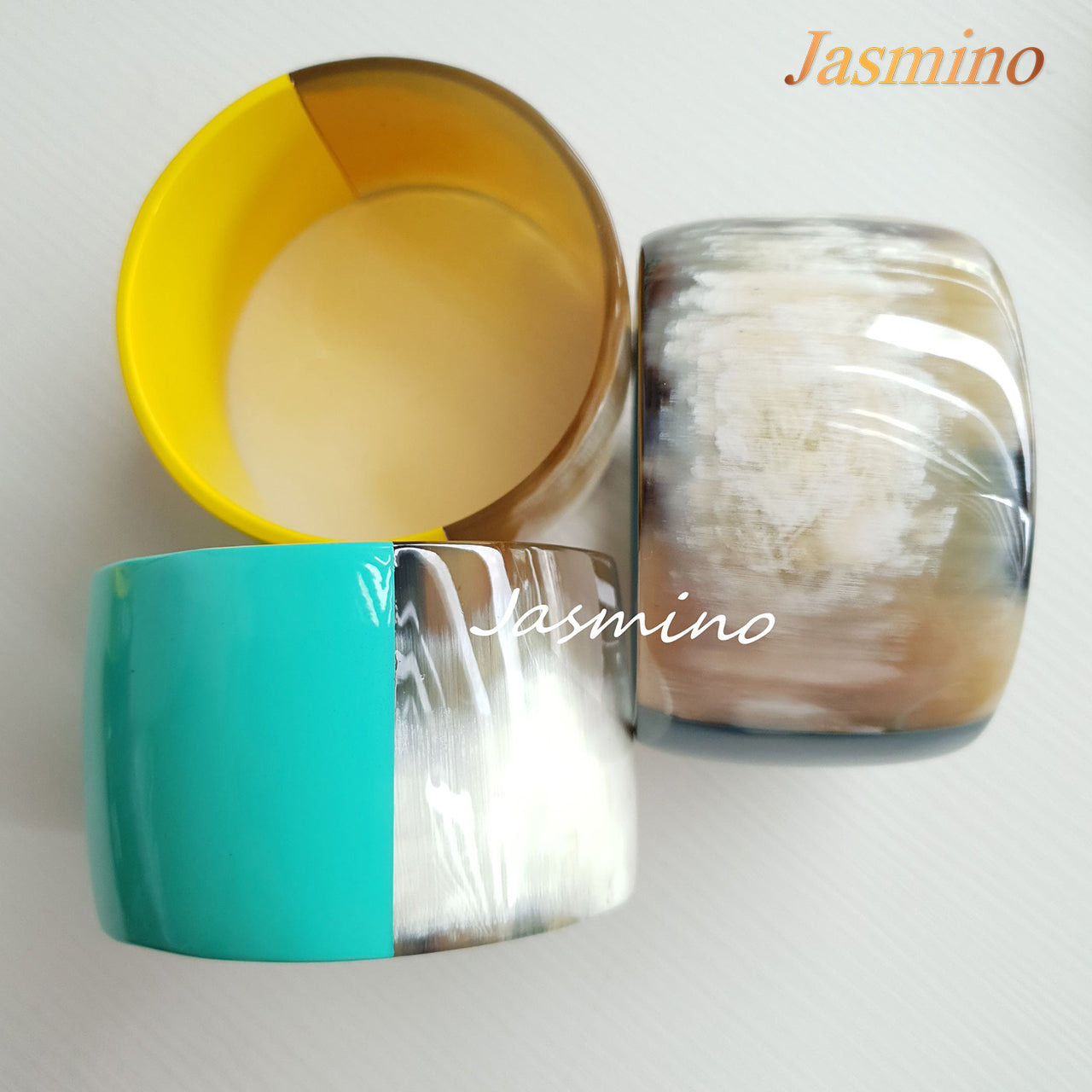 Three Jasmino unique handmade bangle bracelets in natural buffalo horn for women