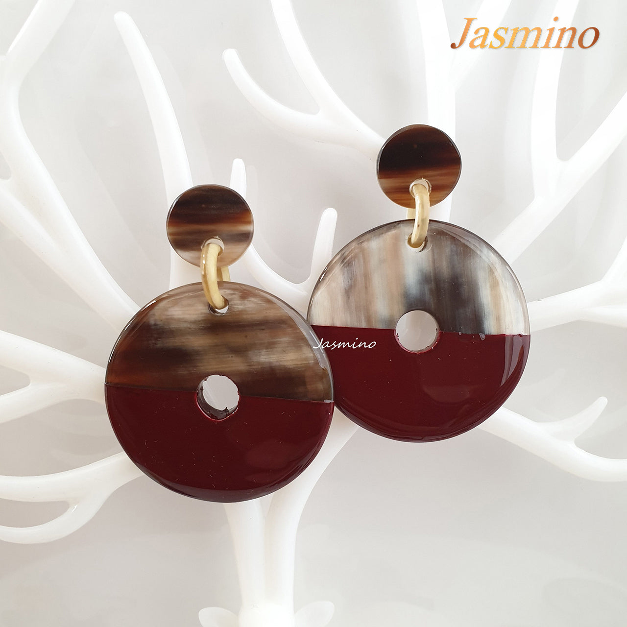 coin-shaped earrings are designed with half natural buffalo horn and half painted red dahlia in natural light, impressive gift for her