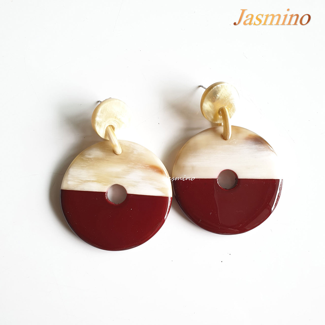 coin-shaped earrings are designed with half natural buffalo horn and half painted red dahlia in natural light, impressive gift for her 