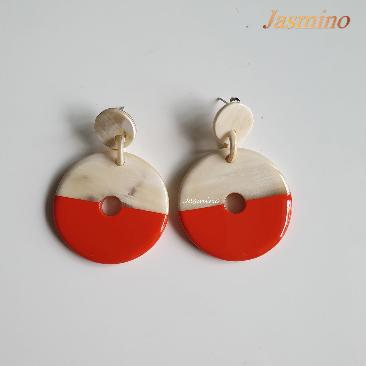 coin-shaped earrings are designed with half natural buffalo horn and half painted orange peel in natural light, impressive gift for her 