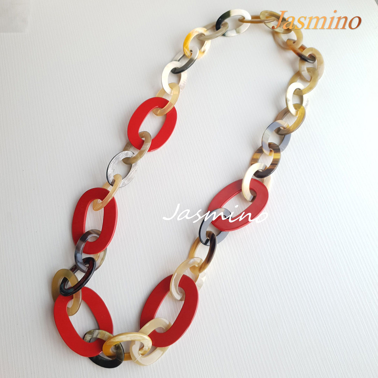 chain buffalo horn necklace, the highlight of this necklace is five big elliptical buffalo horn pieces painted scarlet, impressive gift for your friend