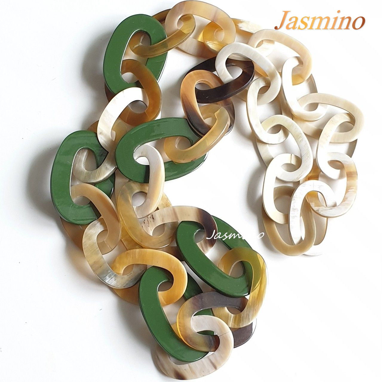 chain buffalo horn necklace, the highlight of this necklace is five big elliptical buffalo horn pieces painted dark green, impressive Christmas gift for your friend