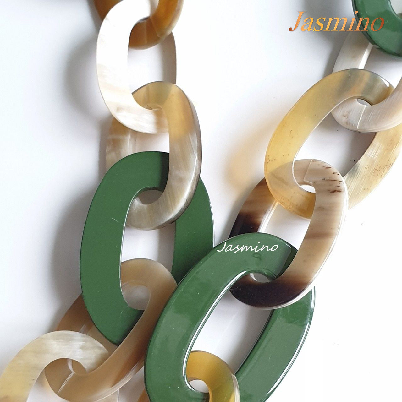 chain buffalo horn necklace, the highlight of this necklace is five big elliptical buffalo horn pieces painted dark green, impressive Christmas gift for your friend