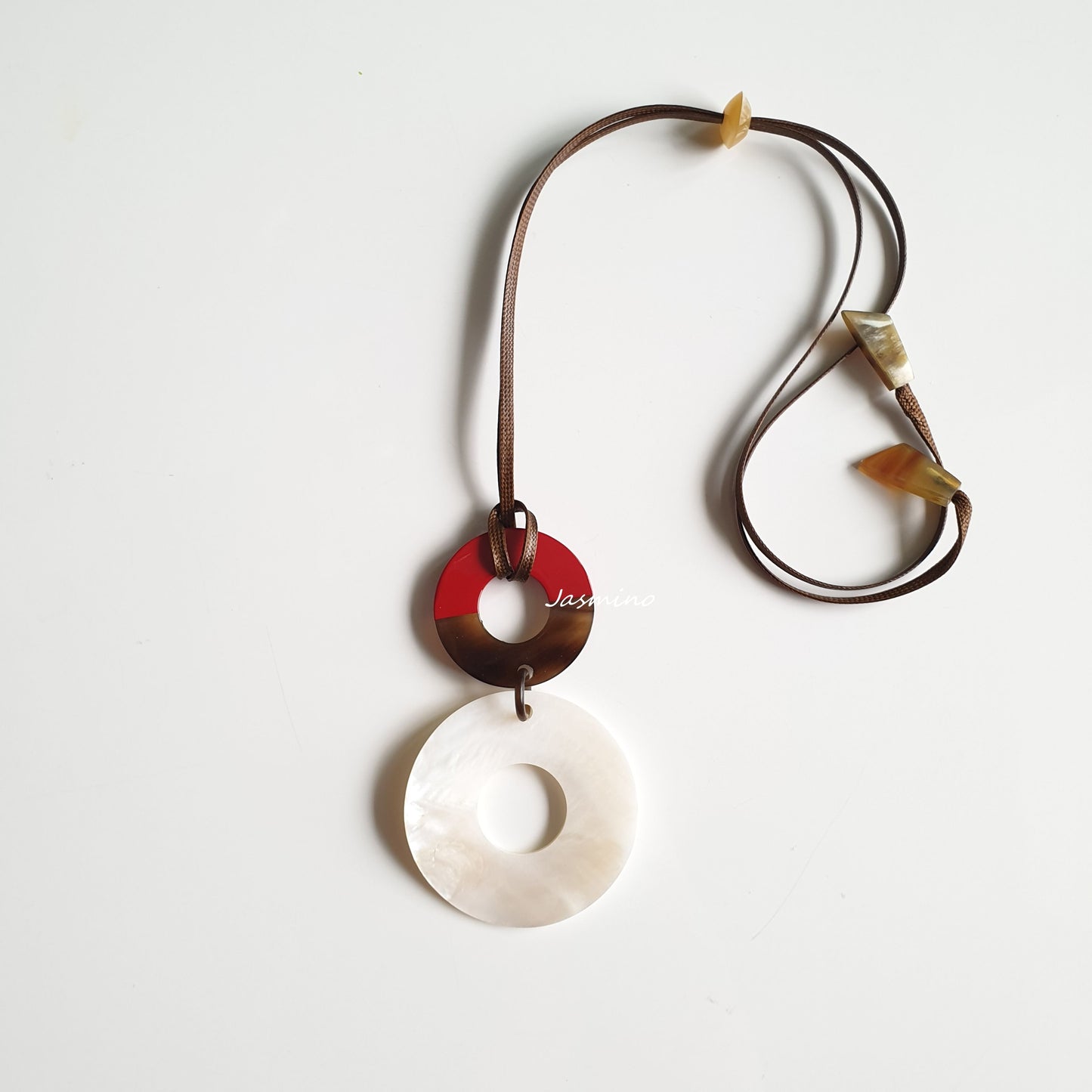 Pendant has a small circular piece with half natural horn and half flame scarlet lacquer unique gift for her