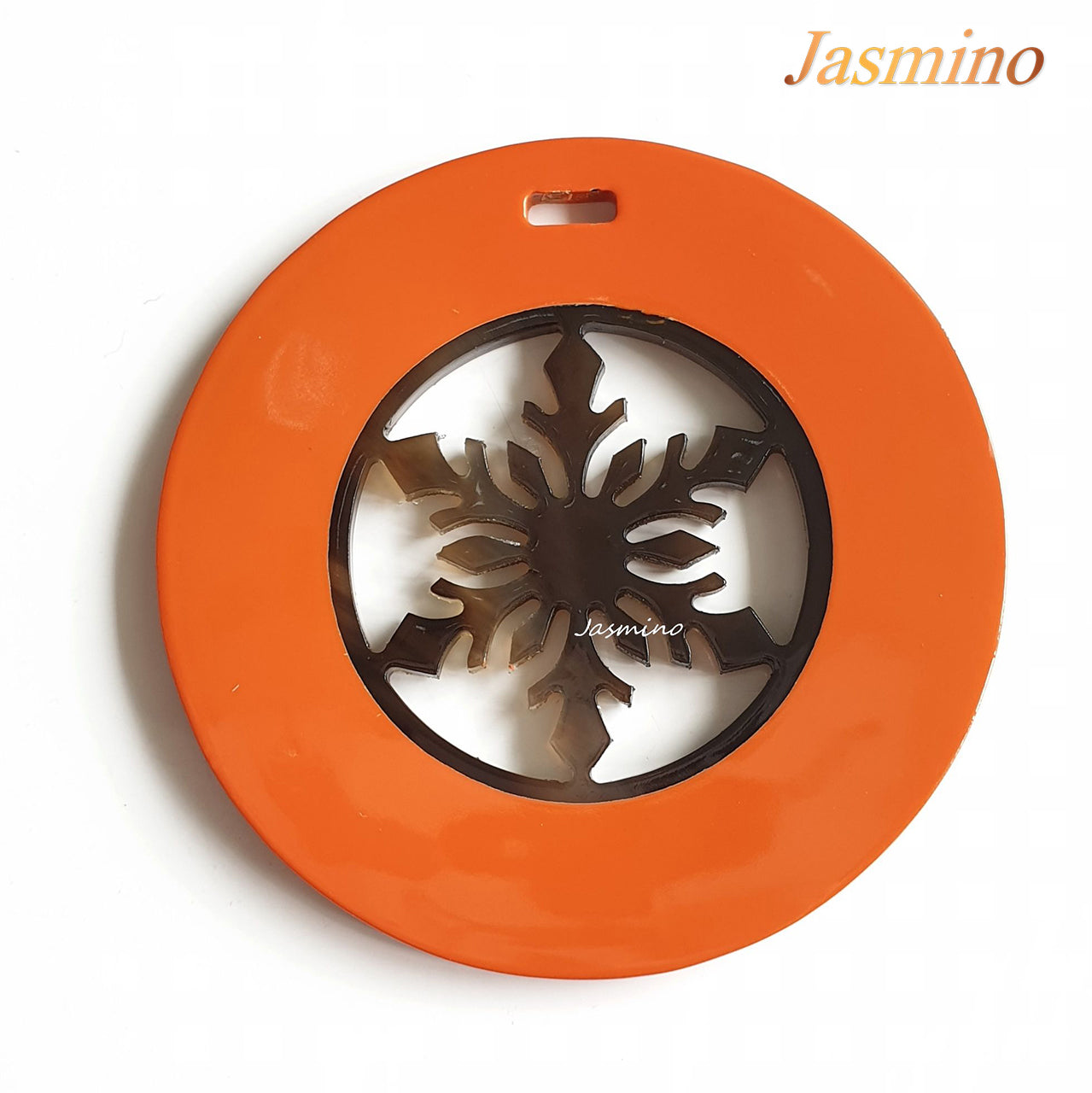 round pendant with orange peel outline, inside is snowflake shape made from natural buffalo horn, impressive Christmas gift for your friend 