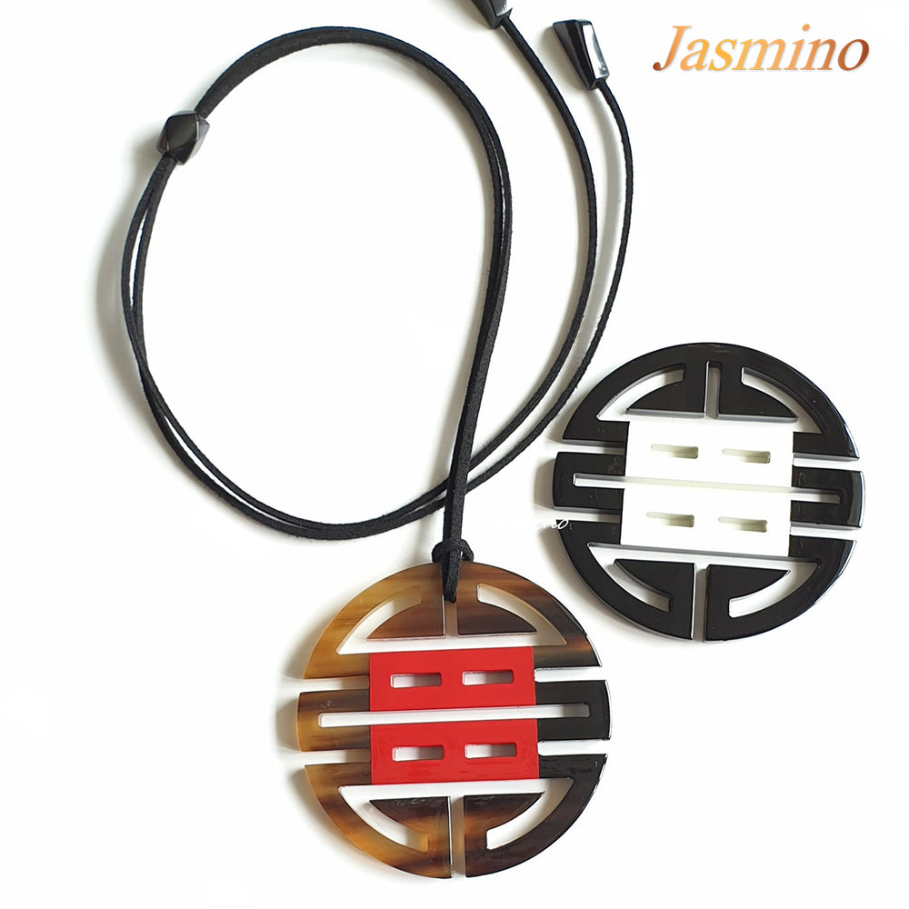 
                  
                    Two round horn pendants are lacquered in white square in the middle, impressive gift for her
                  
                