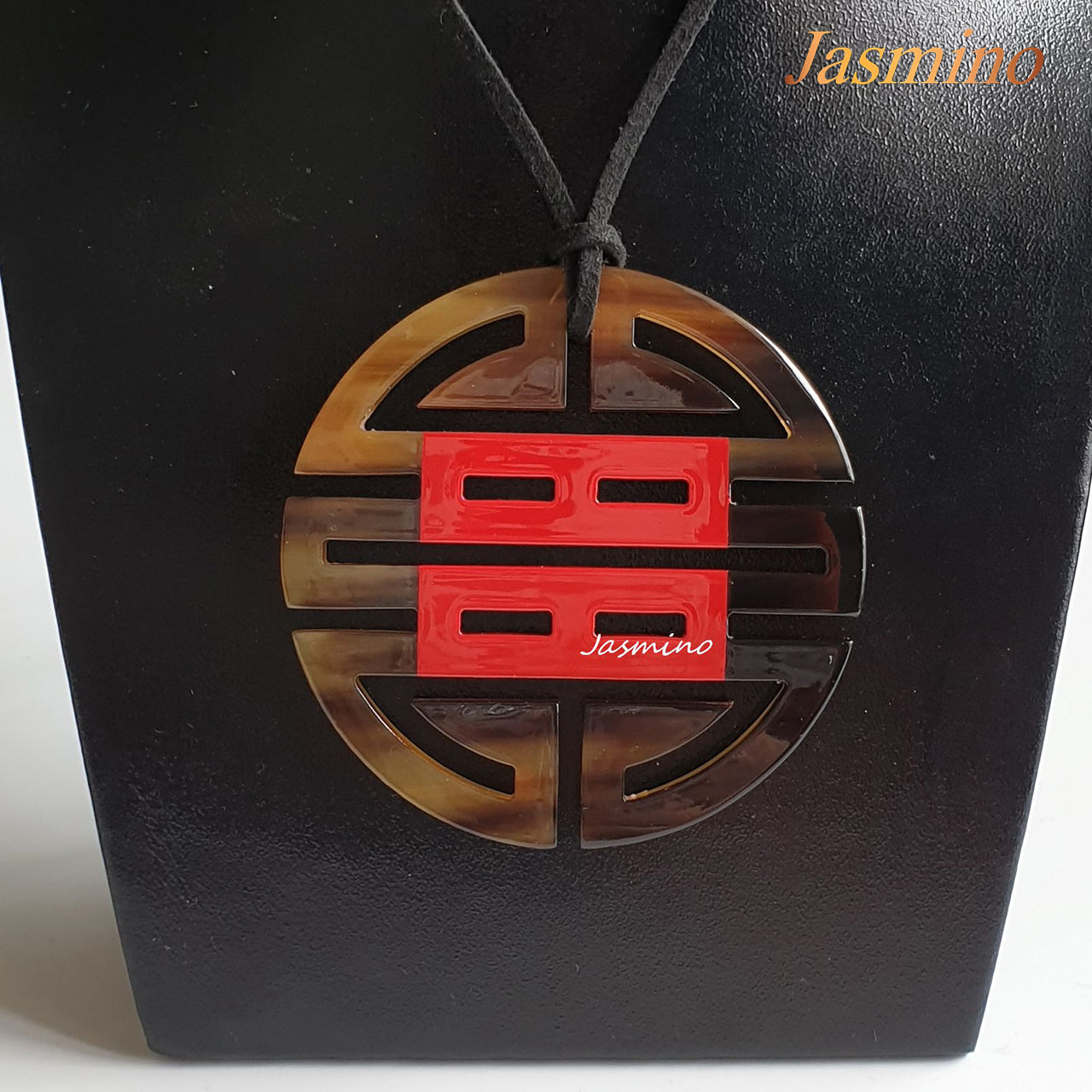 round horn pendant is lacquered in flame scarlet square in the middle, impressive Christmas gift for her