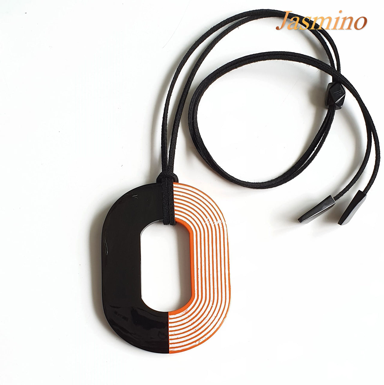 Buffalo horn pendant with half natural horn and half horn painted orange peel with unique brilliant white lines on a light background, impressive gift for her