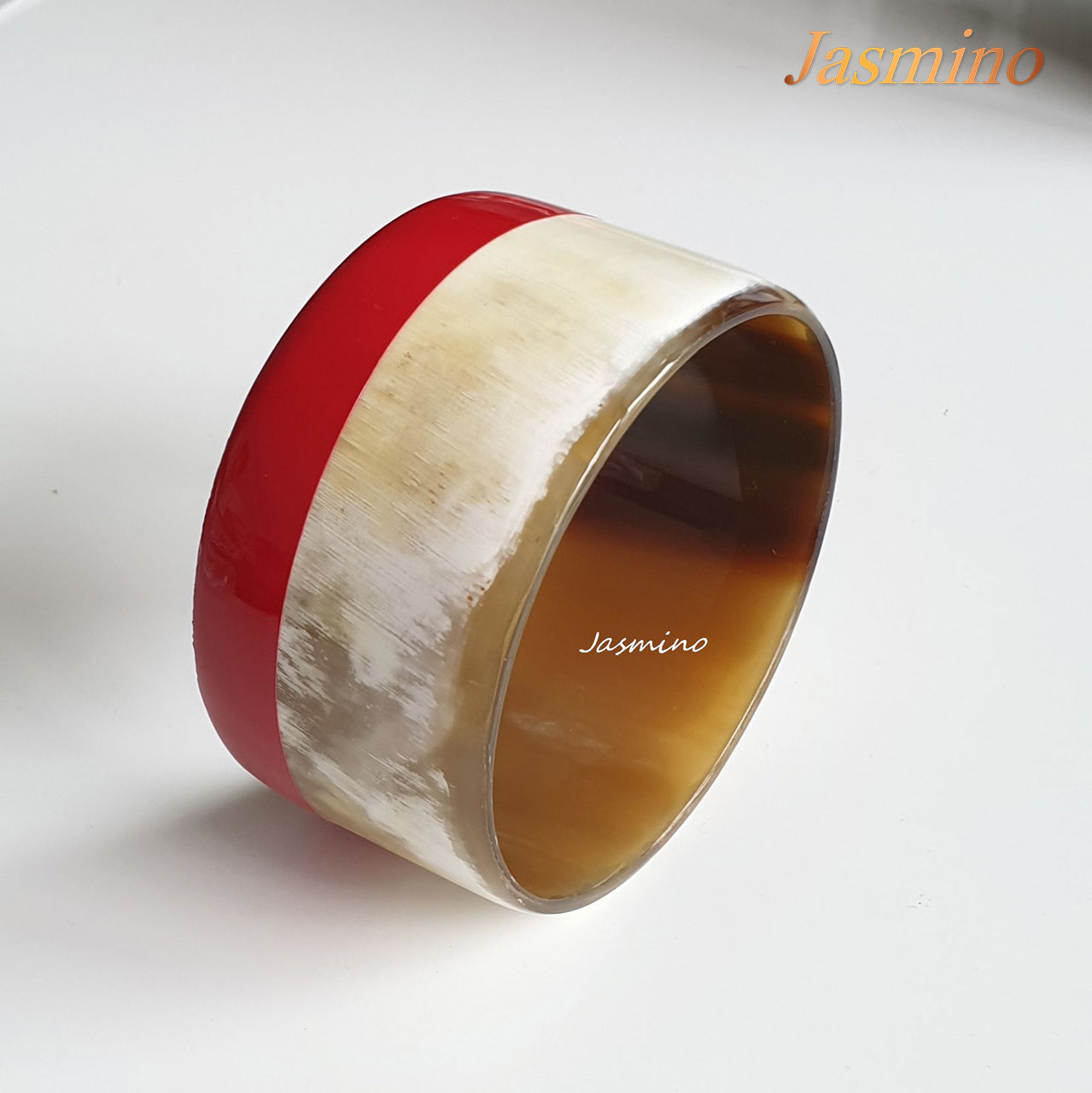 Jasmino unique handmade Christmas bangle bracelet features red and white in natural buffalo horn for women