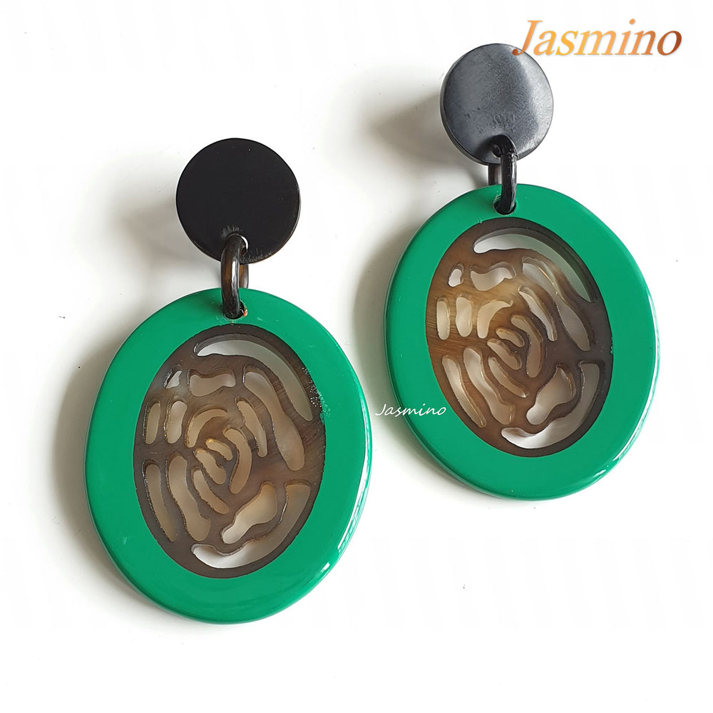 
                  
                    Jasmino Unique Handmade Vintage Flower Oval Drop Earrings Made By Natural Buffalo Horn Featured Green 
                  
                