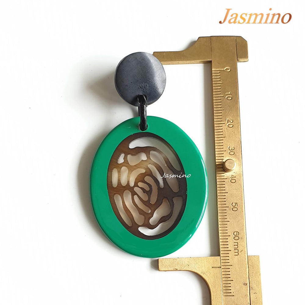 
                  
                    Jasmino Unique Handmade Vintage Flower Oval Drop Earrings Made By Natural Buffalo Horn Featured Green 
                  
                