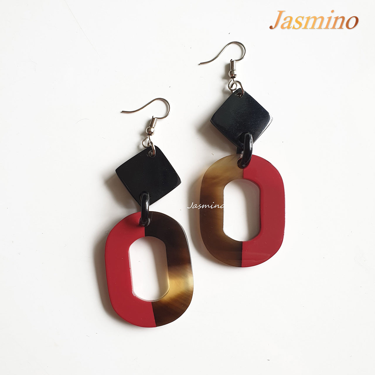 The earrings are designed with half natural horn and half red dahlia lacquer, unique gift for her