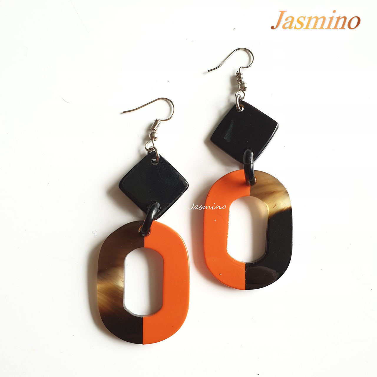 The earrings are designed with half natural horn and half orange peel lacquer, unique gift for her