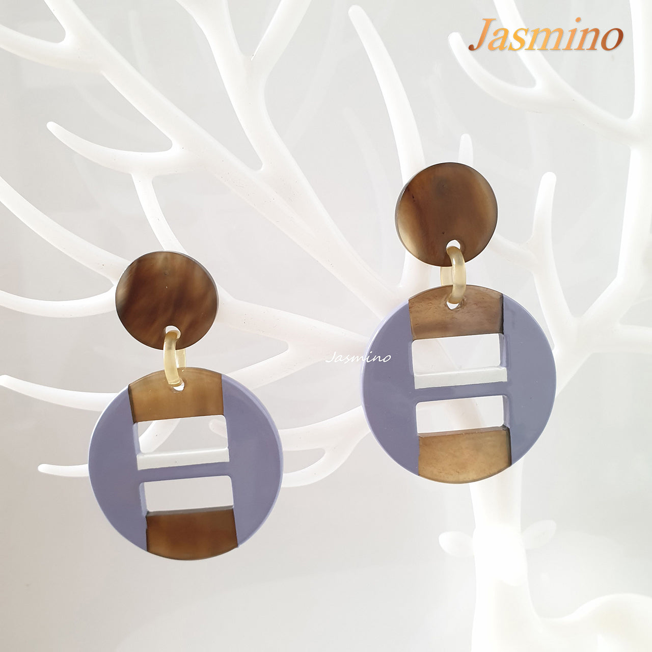 round purple lacquer horn earrings on the light background, unique gift for her