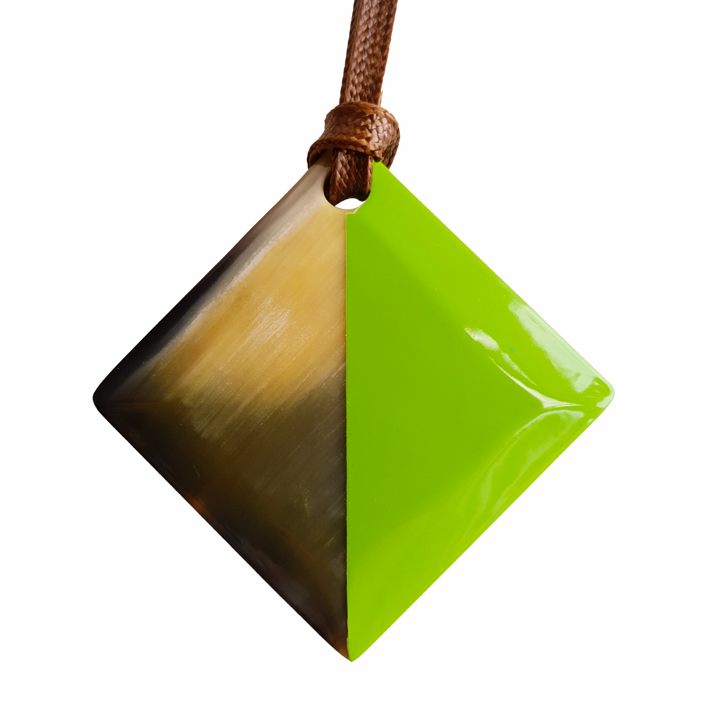 lozenge pendant is designed with the left half painted lime and the right half is natural buffalo horn on the light background, a unique gift for her