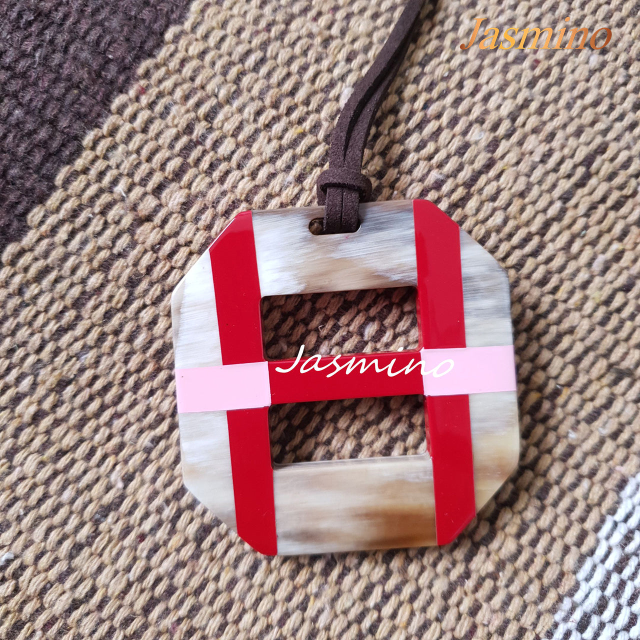 Octagonal pendant with combination of light pink and red on natural horn background, impressive gift for her