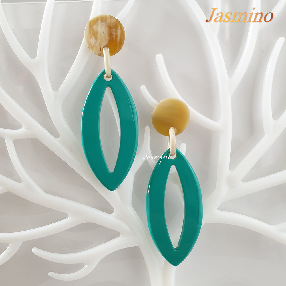 
                  
                    Jasmino Festival Unique Handmade Leaf Drop Earrings Made By Natural Buffalo Horn Featured Turquoise
                  
                