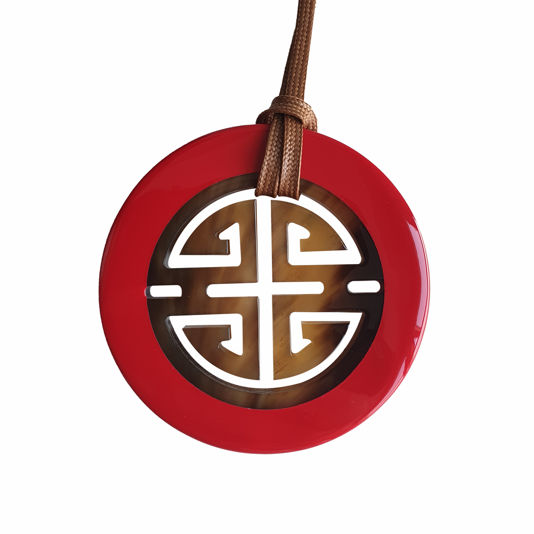 vintage Asian circle pendant features red outline in natural buffalo horn for women's gifts
