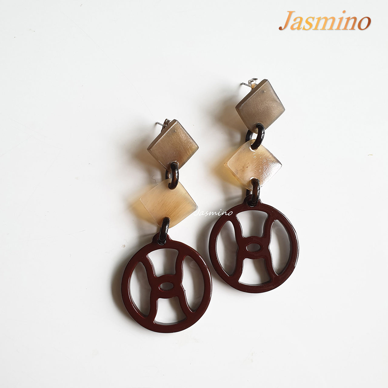 Jasmino Unique Vintage H-Shaped Circular Drop Earrings Made By Natural Buffalo Horn Featured Deep Brown