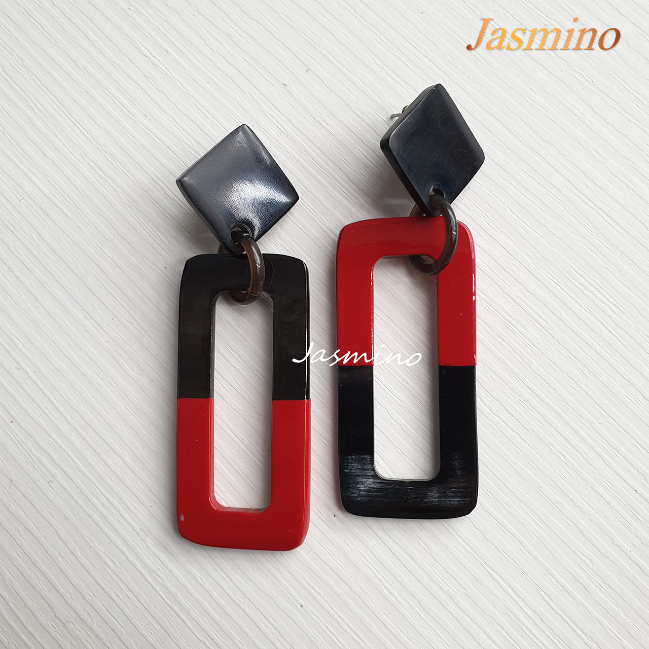 Handmade rectangle drop earrings feature red dahlia and black for girls and women on Christmas gifts