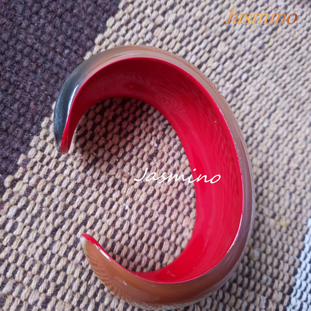 Jasmino unique handmade Vintage pink brown cuff bracelet is shaped a snail shell with a red inside that is made of natural buffalo horn for the best gifts